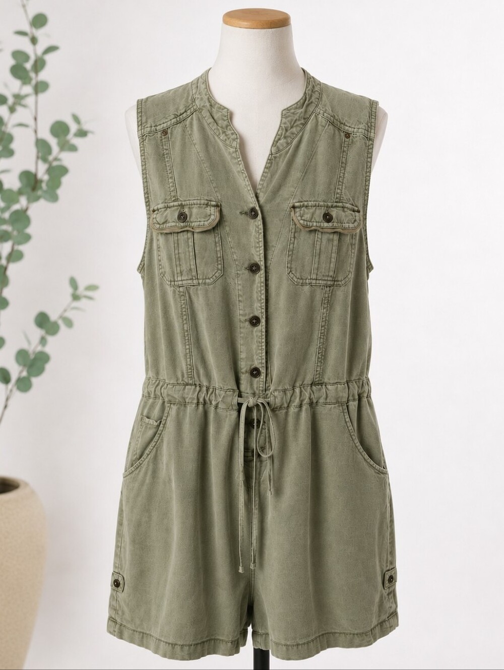 Marrakech Anthropologie Women L Green Linen Blend Utility Romper Drawstring